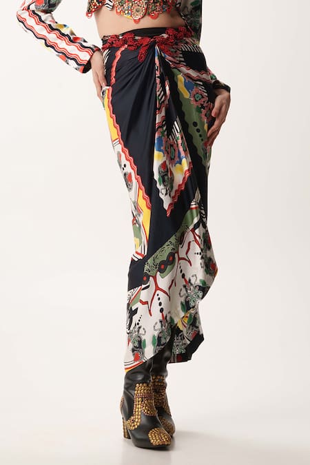 AK-OK_Black , Satin Beads, Studs Cutwork Cropped Jacket And Knotted Skirt Set_Online_at_Aza_Fashions