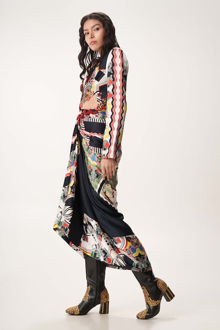 Buy_AK-OK_Black , Satin Beads, Studs Cutwork Cropped Jacket And Knotted Skirt Set_Online_at_Aza_Fashions