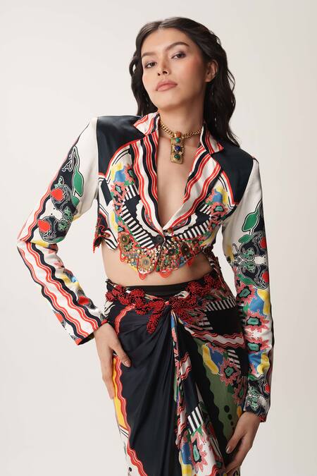 Shop_AK-OK_Black , Satin Beads, Studs Cutwork Cropped Jacket And Knotted Skirt Set_Online_at_Aza_Fashions