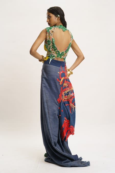 Shop_AK-OK_Green , Satin Beads Plunge Neck Cutwork Embroidered Waistcoat _at_Aza_Fashions