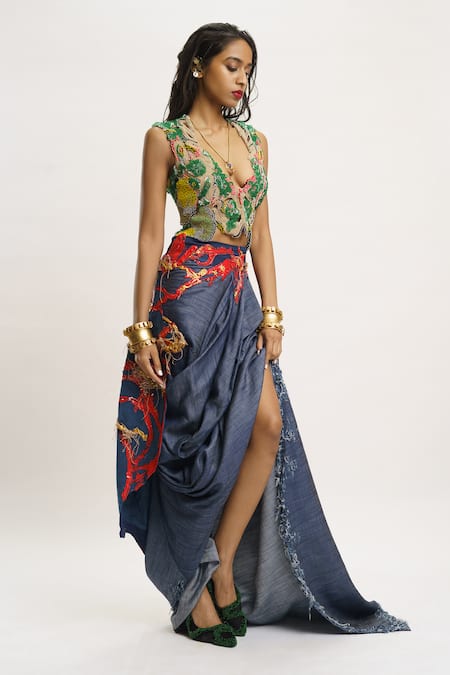 AK-OK_Green , Satin Beads Plunge Neck Cutwork Embroidered Waistcoat _Online_at_Aza_Fashions