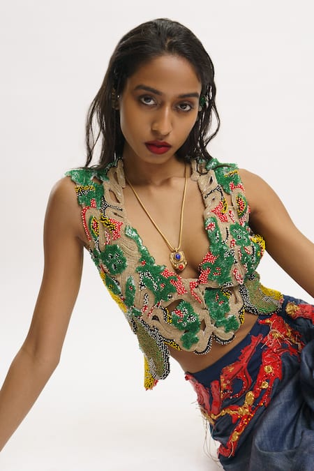 Buy_AK-OK_Green , Satin Beads Plunge Neck Cutwork Embroidered Waistcoat _Online_at_Aza_Fashions