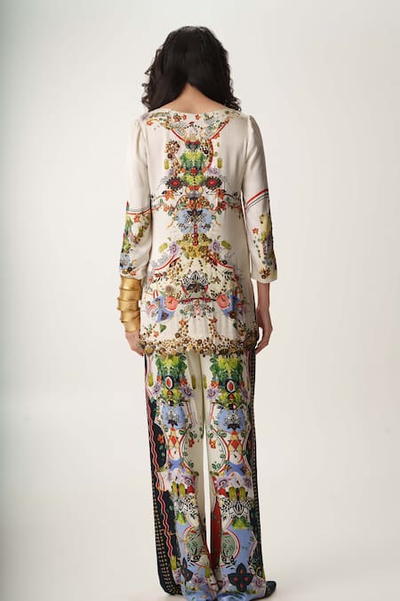 Shop_AK-OK_White Satin, Beads, Studs Keyhole Neck Embellished Tunic And Trouser Set _at_Aza_Fashions