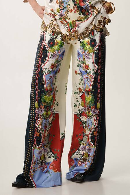 AK-OK_White Satin, Beads, Studs Keyhole Neck Embellished Tunic And Trouser Set _Online_at_Aza_Fashions