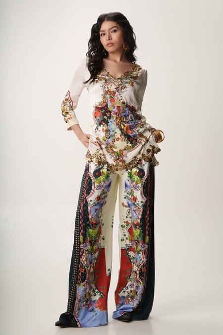 Buy_AK-OK_White Satin, Beads, Studs Keyhole Neck Embellished Tunic And Trouser Set _Online_at_Aza_Fashions