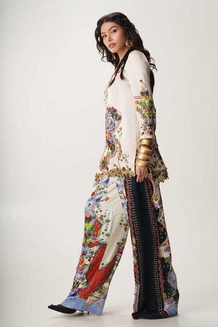 Shop_AK-OK_White Satin, Beads, Studs Keyhole Neck Embellished Tunic And Trouser Set _Online_at_Aza_Fashions