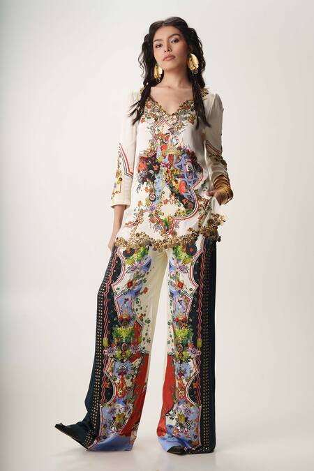 AK-OK_White Satin, Beads, Studs Keyhole Neck Embellished Tunic And Trouser Set _at_Aza_Fashions