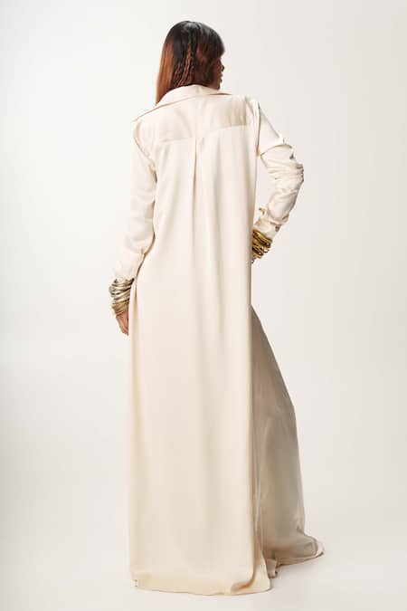 Shop AK-OK Beige Silk Satin, Cotton Sequins, Embroidery Round Long Shirt Dress Trouser Set at Aza Fashions Shop_AK-OK_Beige Silk Satin, Cotton Sequins, Embroidery Round Long Shirt Dress Trouser Set _at_Aza_Fashions