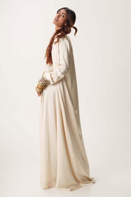 Shop AK-OK Beige Silk Satin, Cotton Sequins, Embroidery Round Long Shirt Dress Trouser Set Online at Aza Fashions Shop_AK-OK_Beige Silk Satin, Cotton Sequins, Embroidery Round Long Shirt Dress Trouser Set _Online_at_Aza_Fashions