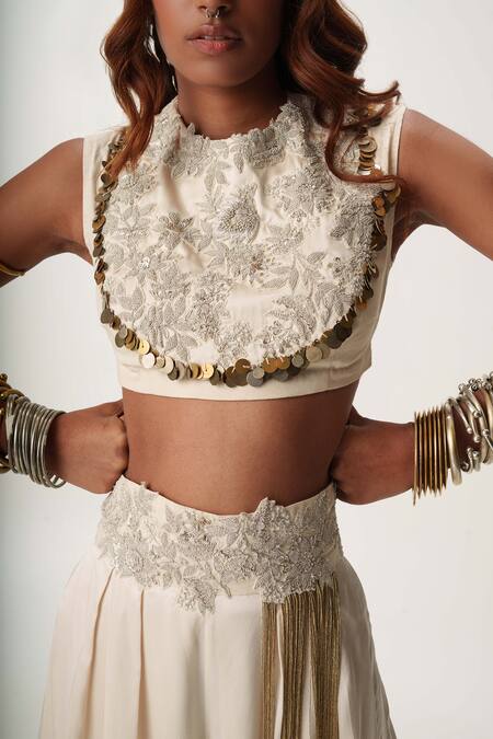 Buy AK-OK Beige Silk Satin, Cotton Sequins, Embroidery Round Long Shirt Dress Trouser Set Buy_AK-OK_Beige Silk Satin, Cotton Sequins, Embroidery Round Long Shirt Dress Trouser Set