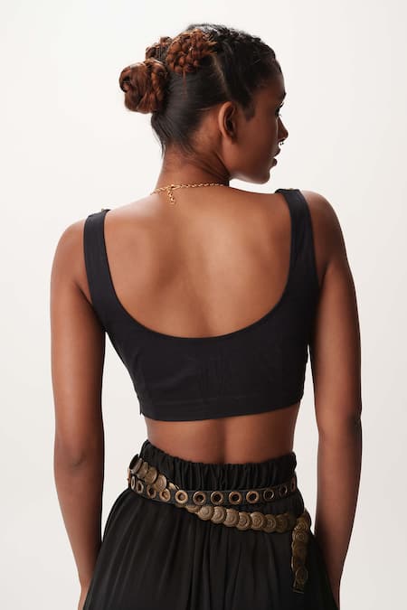 Shop AK-OK Black , Satin Embroidery Round Neck Stud Embellished Crop Top at Aza Fashions Shop_AK-OK_Black , Satin Embroidery Round Neck Stud Embellished Crop Top _at_Aza_Fashions