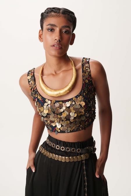 AK-OK Black , Satin Embroidery Round Neck Stud Embellished Crop Top Online at Aza Fashions AK-OK_Black , Satin Embroidery Round Neck Stud Embellished Crop Top _Online_at_Aza_Fashions