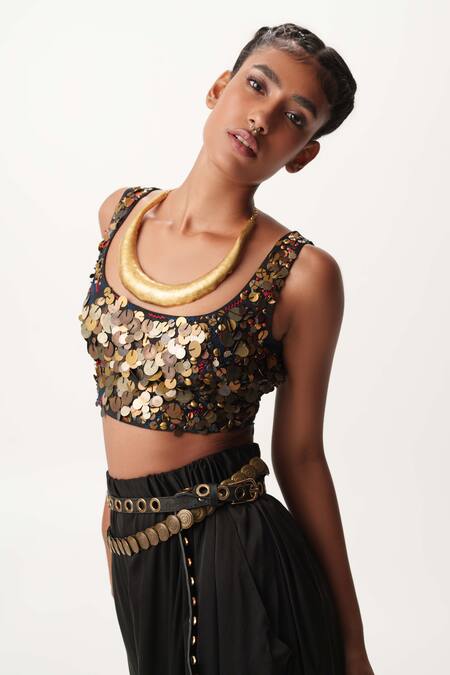 Buy AK-OK Black , Satin Embroidery Round Neck Stud Embellished Crop Top Online at Aza Fashions Buy_AK-OK_Black , Satin Embroidery Round Neck Stud Embellished Crop Top _Online_at_Aza_Fashions