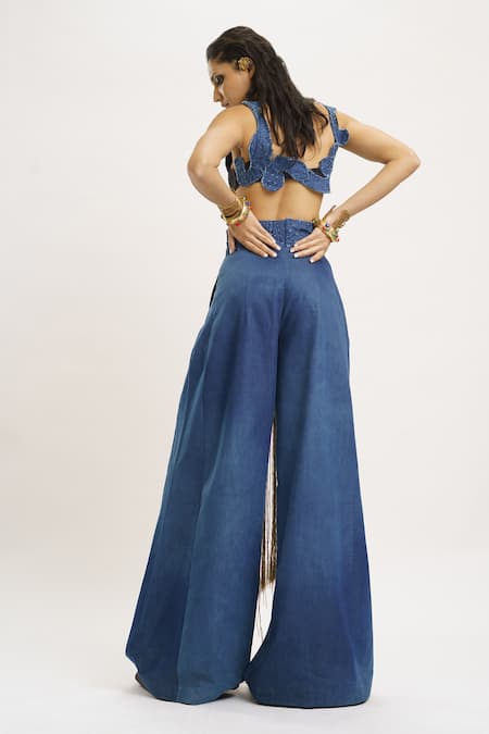 Shop_AK-OK_Blue , Satin, Denim Swirl Pattern Cutwork Crop Top And Trouser Set _at_Aza_Fashions