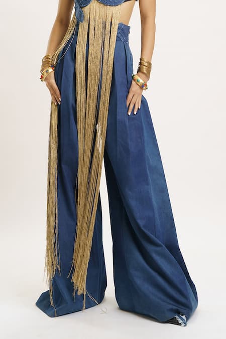 AK-OK_Blue , Satin, Denim Swirl Pattern Cutwork Crop Top And Trouser Set _Online_at_Aza_Fashions
