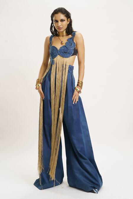 Buy_AK-OK_Blue , Satin, Denim Swirl Pattern Cutwork Crop Top And Trouser Set _Online_at_Aza_Fashions
