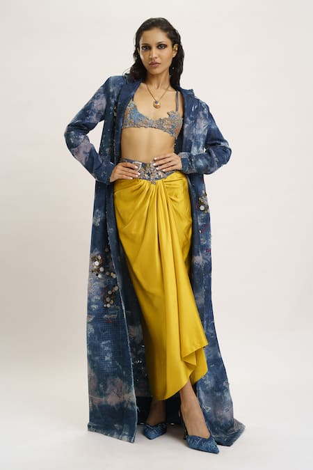 AK-OK Blue Denim Embellished Coin Coat Lapel Collar Draped Waistline Skirt Set 