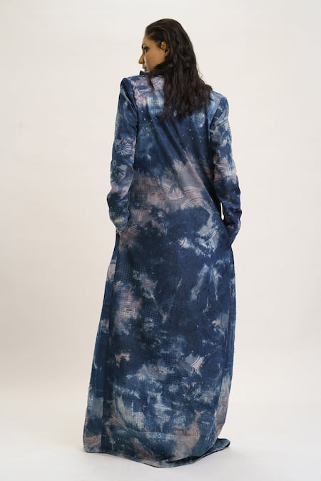 Shop_AK-OK_Blue Denim, , Satin Coat Draped Embellished Waistline Skirt Set _at_Aza_Fashions