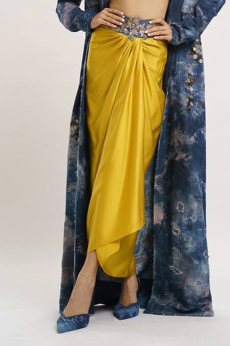 AK-OK_Blue Denim, , Satin Coat Draped Embellished Waistline Skirt Set _Online_at_Aza_Fashions