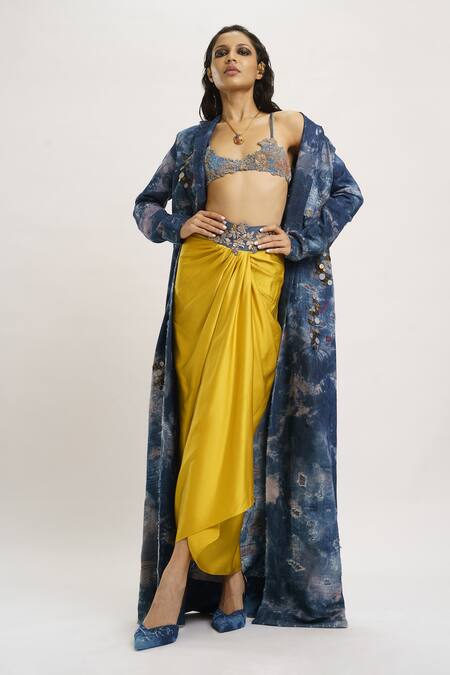 Buy_AK-OK_Blue Denim, , Satin Coat Draped Embellished Waistline Skirt Set _Online_at_Aza_Fashions