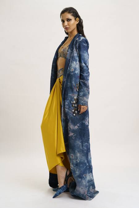 Shop_AK-OK_Blue Denim, , Satin Coat Draped Embellished Waistline Skirt Set _Online_at_Aza_Fashions