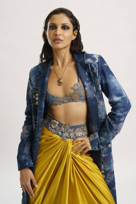 AK-OK_Blue Denim, , Satin Coat Draped Embellished Waistline Skirt Set _at_Aza_Fashions