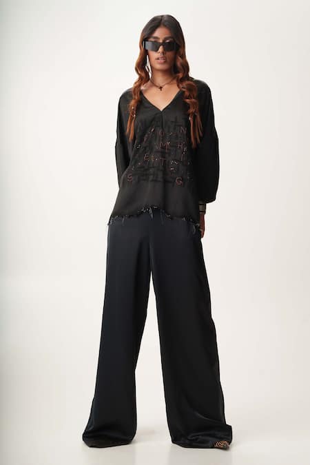 Buy AK-OK Black , Satin Beads, Studs V-neck Embellished Sweatshirt And Trouser Set Online at Aza Fashions Buy_AK-OK_Black , Satin Beads, Studs V-neck Embellished Sweatshirt And Trouser Set _Online_at_Aza_Fashions