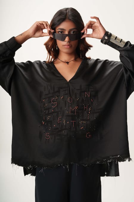 AK-OK Black , Satin Beads, Studs V-neck Embellished Sweatshirt And Trouser Set at Aza Fashions AK-OK_Black , Satin Beads, Studs V-neck Embellished Sweatshirt And Trouser Set _at_Aza_Fashions