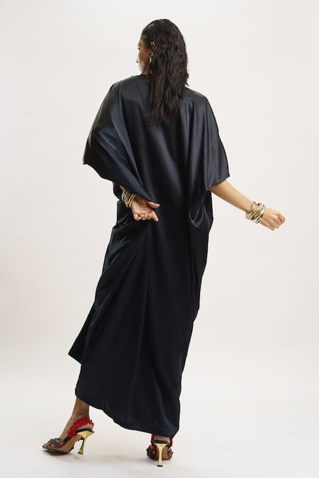 Shop_AK-OK_Black , Satin Embroidery V-neck Coin Embellished Neckline Kaftan _at_Aza_Fashions