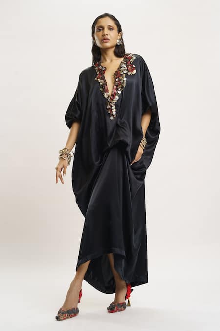 AK-OK_Black , Satin Embroidery V-neck Coin Embellished Neckline Kaftan _Online_at_Aza_Fashions