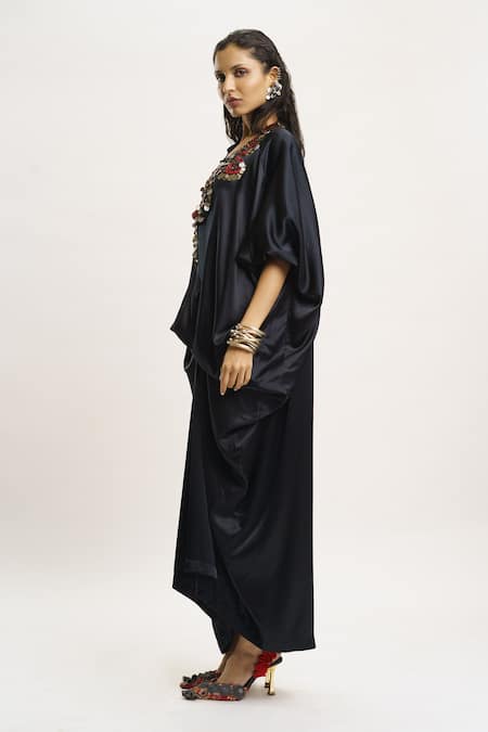 Buy_AK-OK_Black , Satin Embroidery V-neck Coin Embellished Neckline Kaftan _Online_at_Aza_Fashions