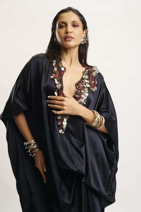 Shop_AK-OK_Black , Satin Embroidery V-neck Coin Embellished Neckline Kaftan _Online_at_Aza_Fashions