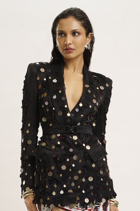 AK-OK_Black Silk, Bamboo Embroidery Coin Embellished Blazer _Online_at_Aza_Fashions