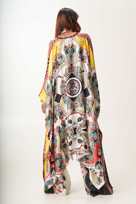 Shop_AK-OK_White Cotton, Silk Satin, Gingham Abstract Pattern Kaftan Shirt And Trouser Set _at_Aza_Fashions