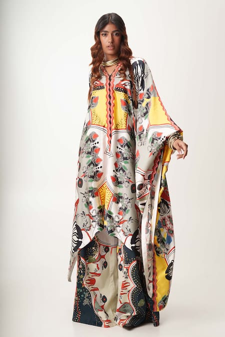 AK-OK_White Cotton, Silk Satin, Gingham Abstract Pattern Kaftan Shirt And Trouser Set _Online_at_Aza_Fashions