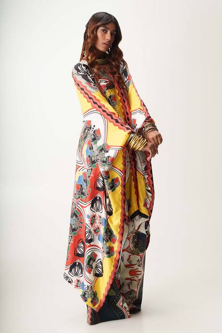 Buy_AK-OK_White Cotton, Silk Satin, Gingham Abstract Pattern Kaftan Shirt And Trouser Set _Online_at_Aza_Fashions