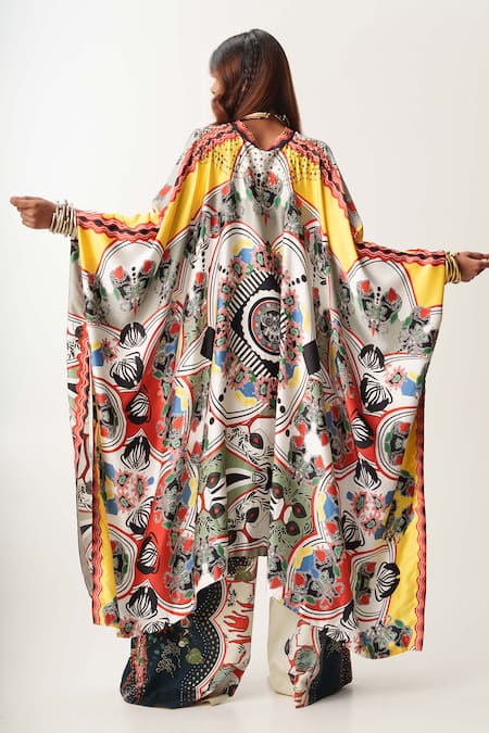 Shop_AK-OK_White Cotton, Silk Satin, Gingham Abstract Pattern Kaftan Shirt And Trouser Set _Online_at_Aza_Fashions