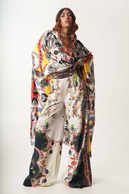 AK-OK_White Cotton, Silk Satin, Gingham Abstract Pattern Kaftan Shirt And Trouser Set _at_Aza_Fashions