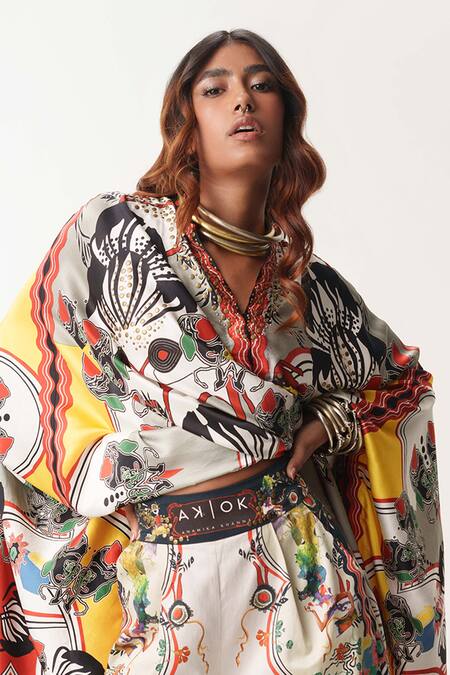 Buy_AK-OK_White Cotton, Silk Satin, Gingham Abstract Pattern Kaftan Shirt And Trouser Set 