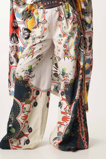 Shop_AK-OK_White Cotton, Silk Satin, Gingham Abstract Pattern Kaftan Shirt And Trouser Set 