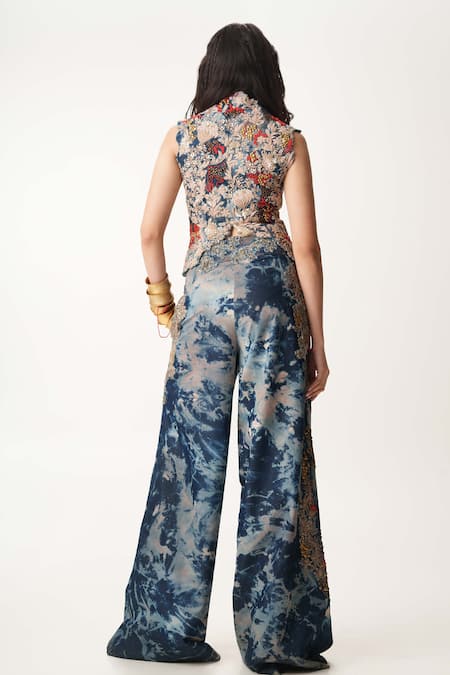 Shop AK-OK Blue , Satin Sequins, Cutwork Embroidered Waistcoat And Trouser Set at Aza Fashions Shop_AK-OK_Blue , Satin Sequins, Cutwork Embroidered Waistcoat And Trouser Set _at_Aza_Fashions