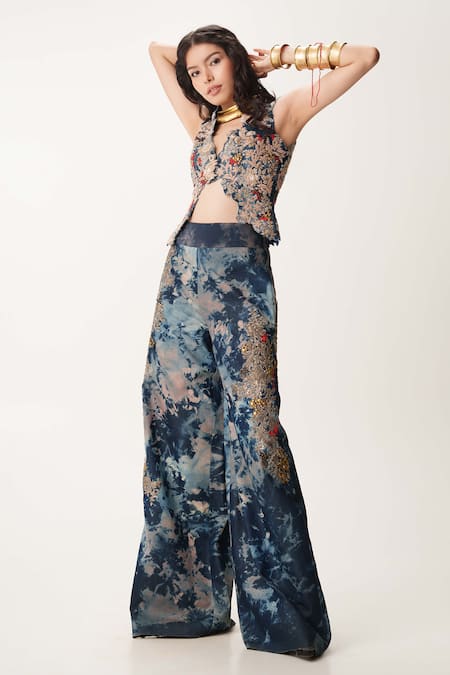 AK-OK Blue , Satin Sequins, Cutwork Embroidered Waistcoat And Trouser Set Online at Aza Fashions AK-OK_Blue , Satin Sequins, Cutwork Embroidered Waistcoat And Trouser Set _Online_at_Aza_Fashions