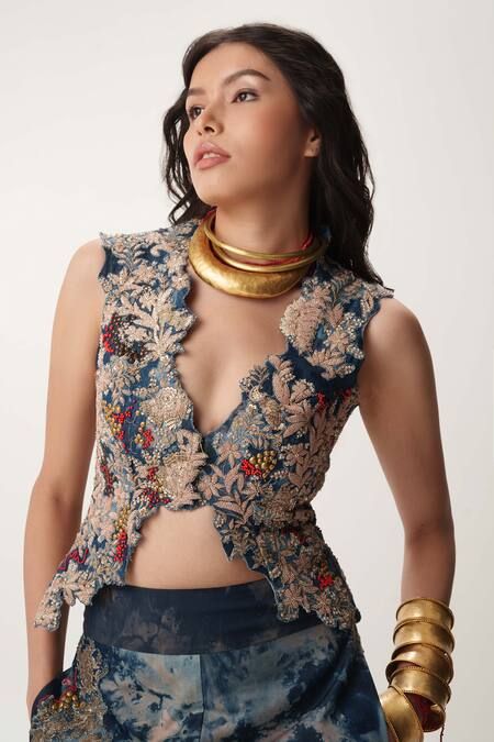 Buy AK-OK Blue , Satin Sequins, Cutwork Embroidered Waistcoat And Trouser Set Online at Aza Fashions Buy_AK-OK_Blue , Satin Sequins, Cutwork Embroidered Waistcoat And Trouser Set _Online_at_Aza_Fashions