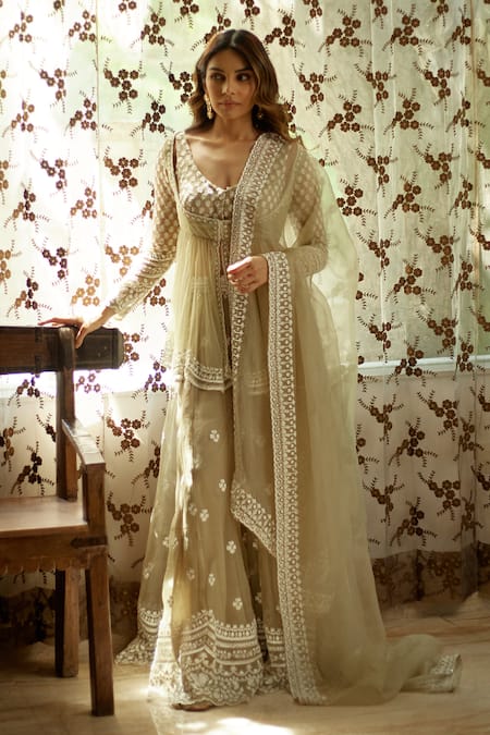 Buy Astha Narang Beige Net, Organza, Silk Sequins, Floral Thread Peplum Kurta And Sharara Set Online at Aza Fashions Buy_Astha Narang_Beige Net, Organza, Silk Sequins, Floral Thread Peplum Kurta And Sharara Set _Online_at_Aza_Fashions