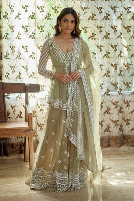 Shop Astha Narang Beige Net, Organza, Silk Sequins, Floral Thread Peplum Kurta And Sharara Set Online at Aza Fashions Shop_Astha Narang_Beige Net, Organza, Silk Sequins, Floral Thread Peplum Kurta And Sharara Set _Online_at_Aza_Fashions