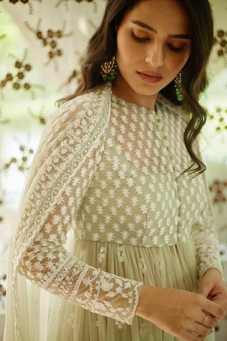 Astha Narang_Green Net Embroidery, Sequins Collared Floral Thread Jacket And Sharara Set _Online_at_Aza_Fashions