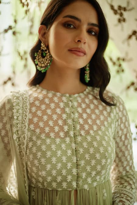 Buy_Astha Narang_Green Net Embroidery, Sequins Collared Floral Thread Jacket And Sharara Set _Online_at_Aza_Fashions