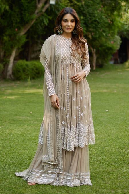 Astha Narang_Green Net Embroidery, Sequins Floral Thread Front Open Jacket And Sharara Set _Online_at_Aza_Fashions