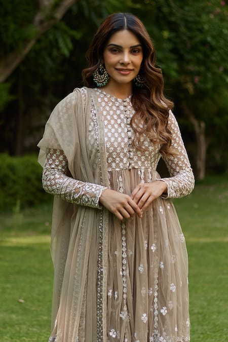 Buy_Astha Narang_Green Net Embroidery, Sequins Floral Thread Front Open Jacket And Sharara Set _Online_at_Aza_Fashions