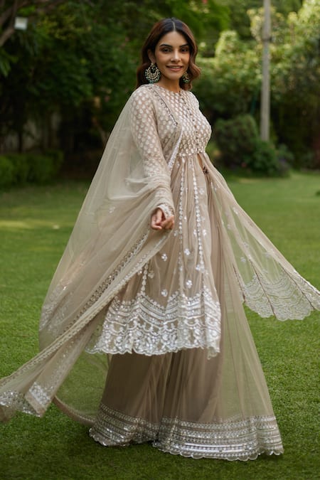 Shop_Astha Narang_Green Net Embroidery, Sequins Floral Thread Front Open Jacket And Sharara Set _Online_at_Aza_Fashions